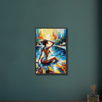 Schöne Frau im Bikini am Poolrand bei Sonnenuntergang in Acrylfarben auf einem Poster im Metallrahmen