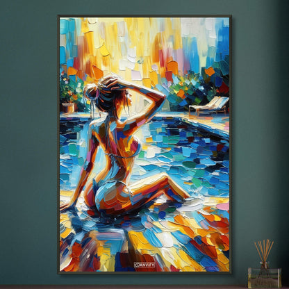 Schöne Frau im Bikini am Poolrand bei Sonnenuntergang in Acrylfarben auf einem Poster im Metallrahmen