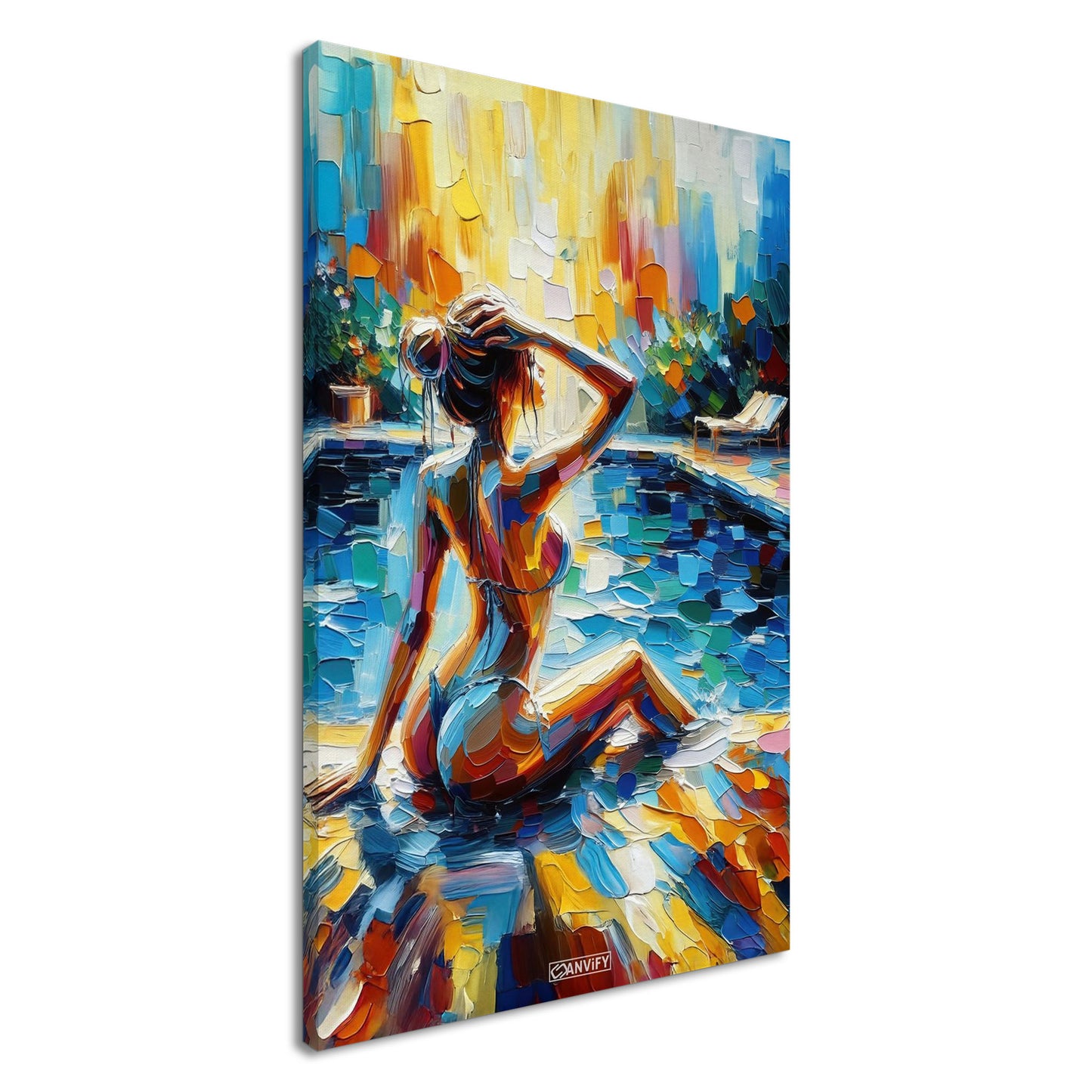 Schöne Frau im Bikini am Poolrand bei Sonnenuntergang in Acrylfarben auf einer Leinwand