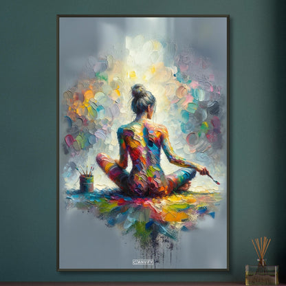 Ästhetisch gemalte Frau mit bunten Acrylfarben auf einem Poster im Metallrahmen