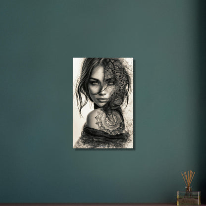 Schöne Frau im Mandala Art-Stil und in Schwarz und Weiß mit einer Blume auf dem Schulterblatt auf Aluminium
