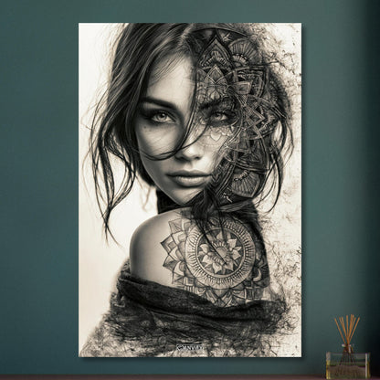 Schöne Frau im Mandala Art-Stil und in Schwarz und Weiß mit einer Blume auf dem Schulterblatt auf Aluminium