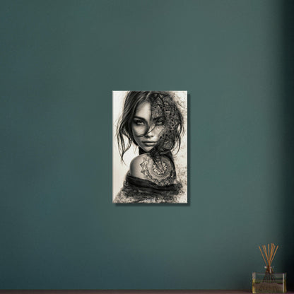 Schöne Frau im Mandala Art-Stil und in Schwarz und Weiß mit einer Blume auf dem Schulterblatt auf einer Leinwand