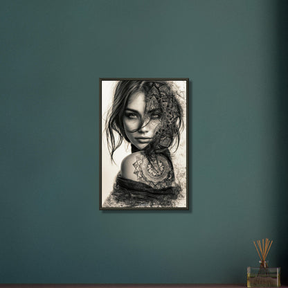 Schöne Frau im Mandala Art-Stil und in Schwarz und Weiß mit einer Blume auf dem Schulterblatt auf einem Poster im Metallrahmen