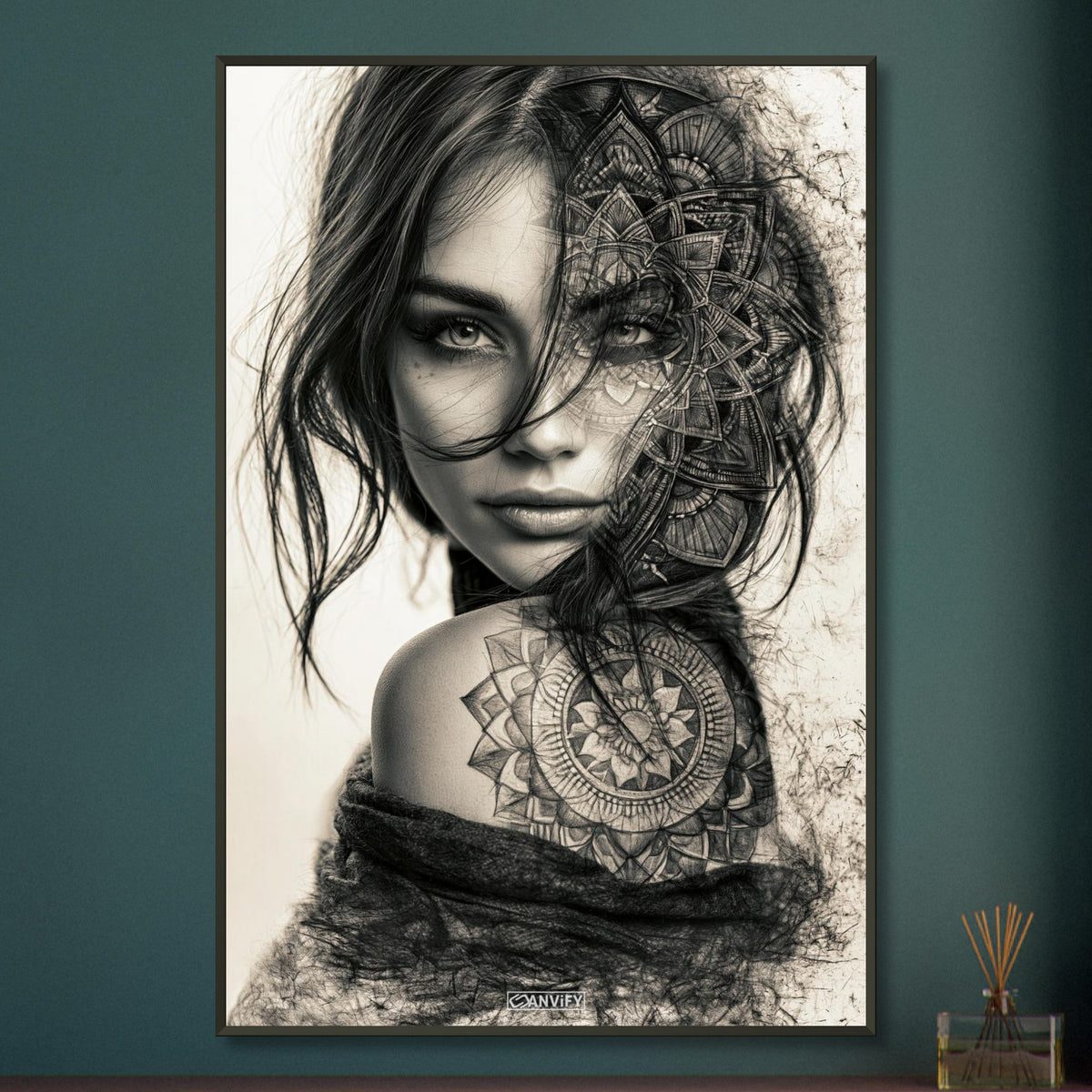 Schöne Frau im Mandala Art-Stil und in Schwarz und Weiß mit einer Blume auf dem Schulterblatt auf einem Poster im Metallrahmen