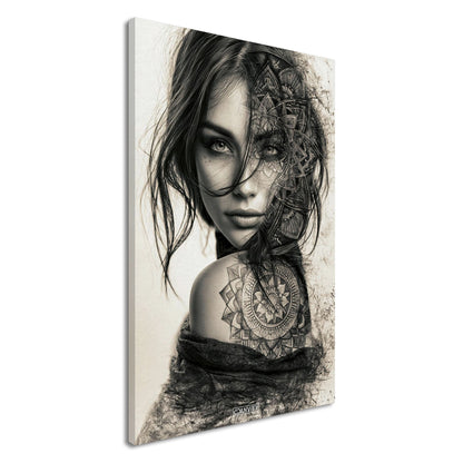 Schöne Frau im Mandala Art-Stil und in Schwarz und Weiß mit einer Blume auf dem Schulterblatt auf einer Leinwand