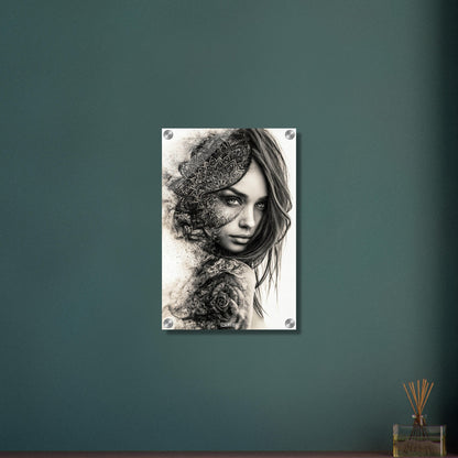 Wunderschöne Frau im Mandala Stil und mit einer Rose auf dem Schulterblatt in Schwarz und Weiß auf einem Acrylbild