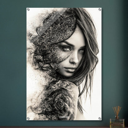 Wunderschöne Frau im Mandala Stil und mit einer Rose auf dem Schulterblatt in Schwarz und Weiß auf einem Acrylbild