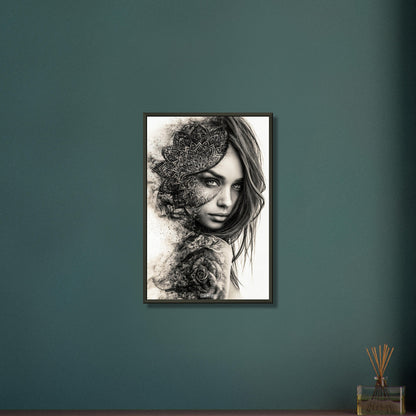 Wunderschöne Frau im Mandala Stil und mit einer Rose auf dem Schulterblatt in Schwarz und Weiß auf einem Poster im Metallrahmen