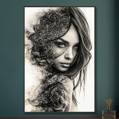 Wunderschöne Frau im Mandala Stil und mit einer Rose auf dem Schulterblatt in Schwarz und Weiß auf einem Poster im Metallrahmen