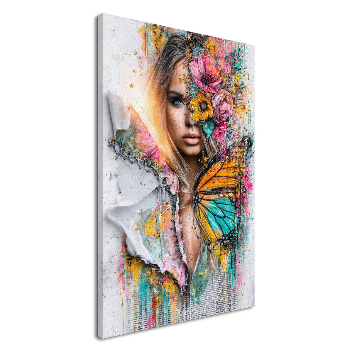 Wunderschöne Frau mit blauen Augen, Blumen und einem Schmetterling mit bunten Farben auf einer Leinwand