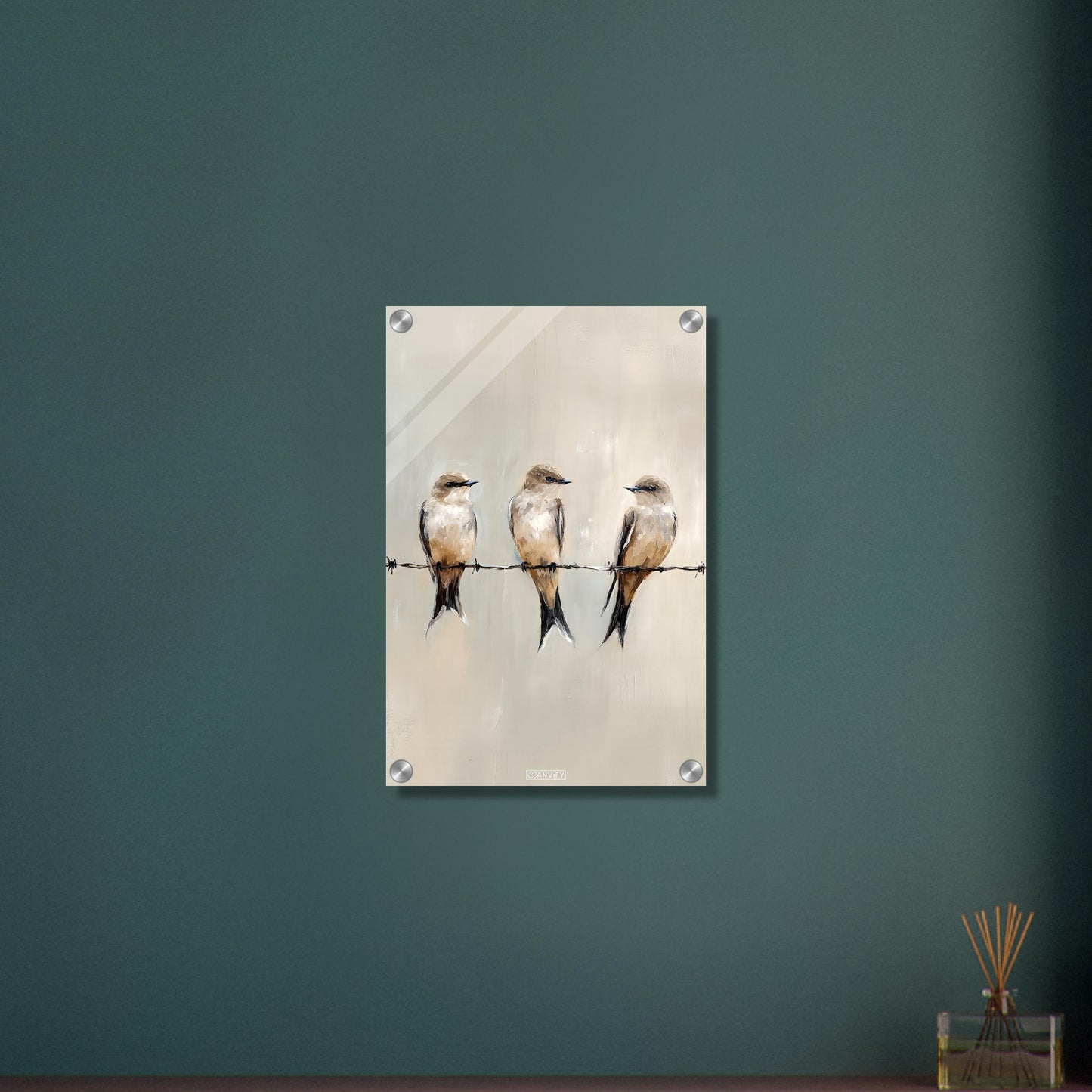 Sitzende Vögel auf dem Draht in Acrylfarben auf einem Acrylbild