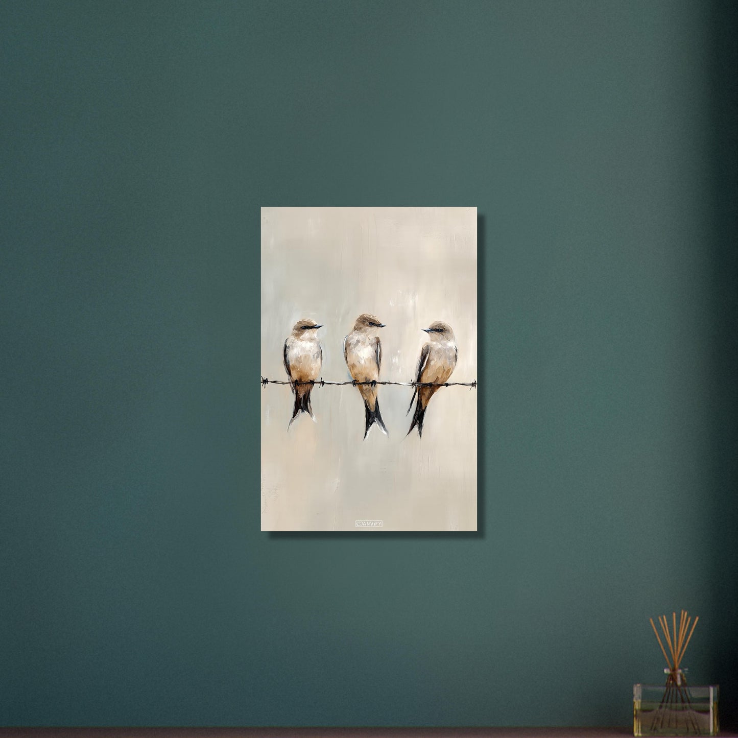 Sitzende Vögel auf dem Draht in Acrylfarben auf Aluminium