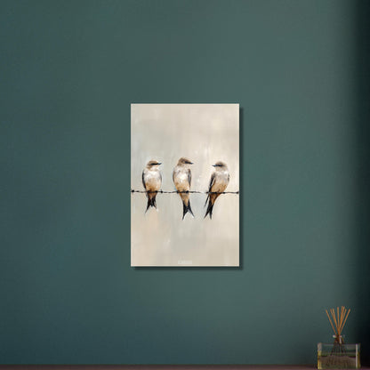 Sitzende Vögel auf dem Draht in Acrylfarben auf Aluminium