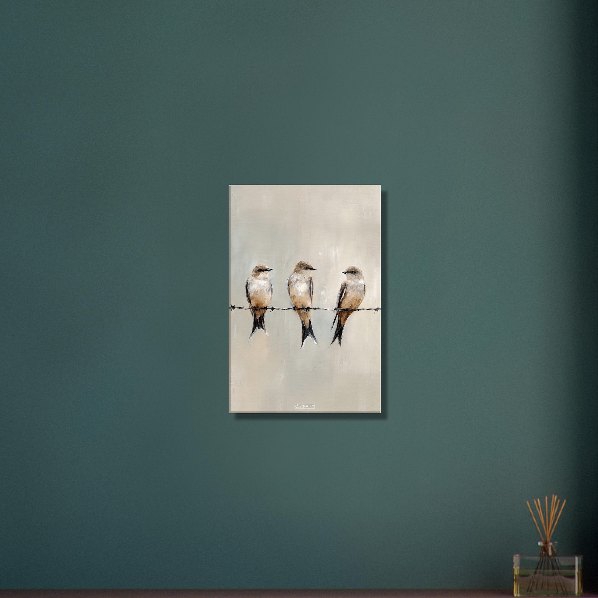 Sitzende Vögel auf dem Draht in Acrylfarben auf einer Leinwand