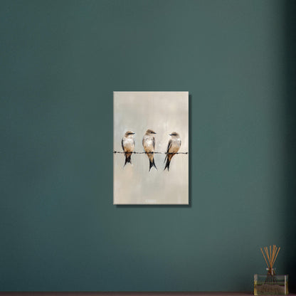 Sitzende Vögel auf dem Draht in Acrylfarben auf einer Leinwand