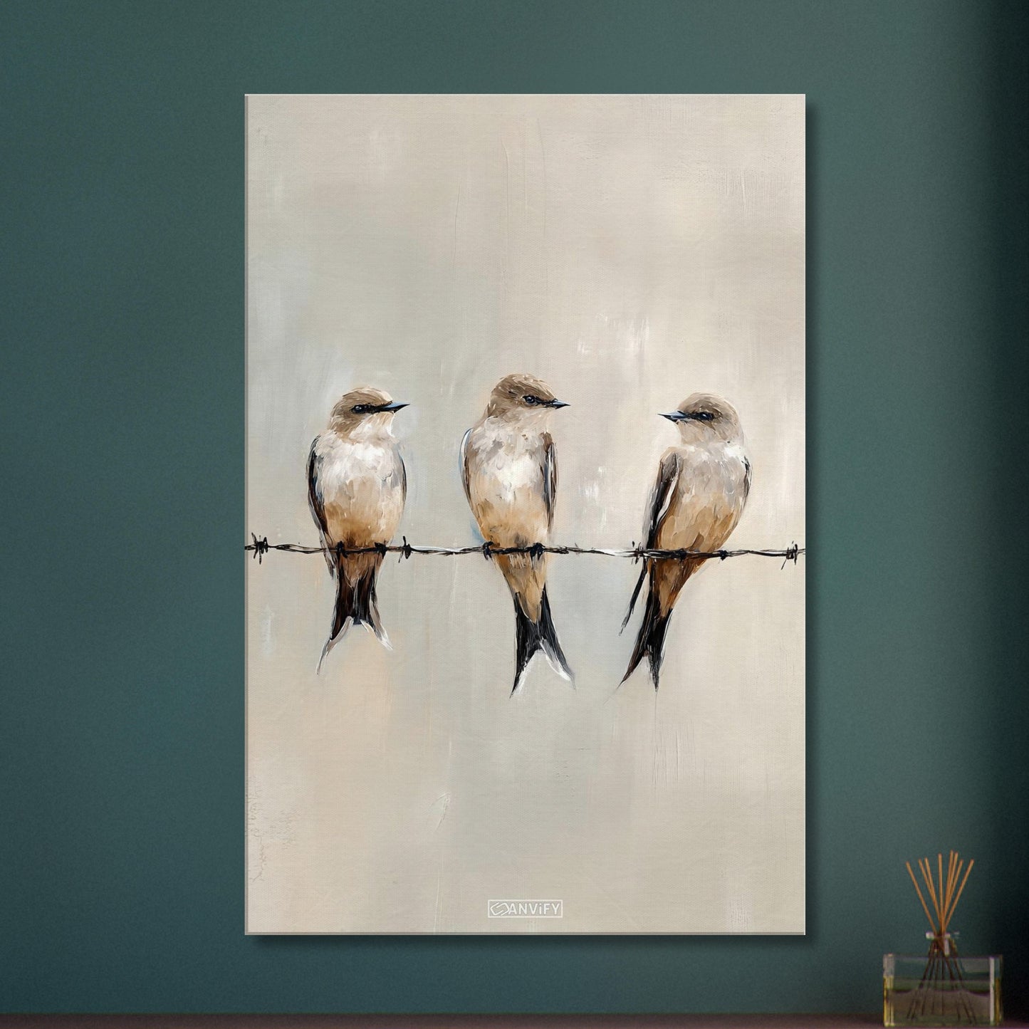 Sitzende Vögel auf dem Draht in Acrylfarben auf einer Leinwand