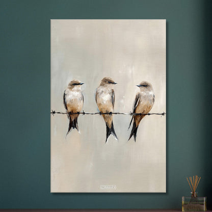 Sitzende Vögel auf dem Draht in Acrylfarben auf einer Leinwand
