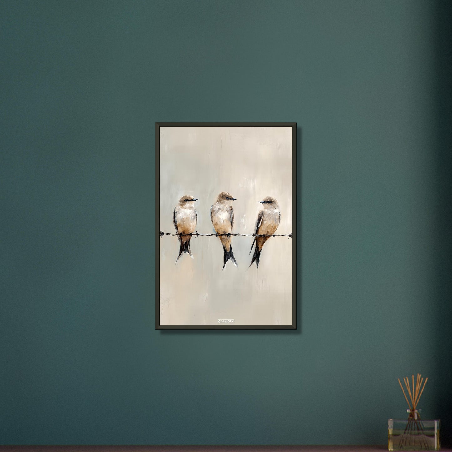 Sitzende Vögel auf dem Draht in Acrylfarben auf einem Poster im Metallrahmen