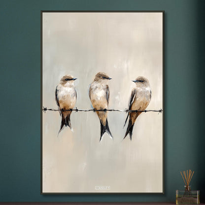 Sitzende Vögel auf dem Draht in Acrylfarben auf einem Poster im Metallrahmen