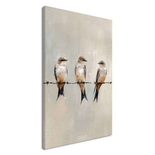 Sitzende Vögel auf dem Draht in Acrylfarben auf einer Leinwand