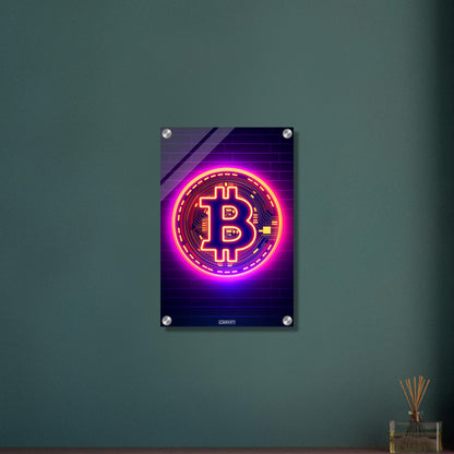 Leuchtender Bitcoin im einfachen Retrodesign auf einem Acrylbild