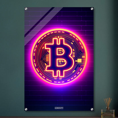 Leuchtender Bitcoin im einfachen Retrodesign auf einem Acrylbild