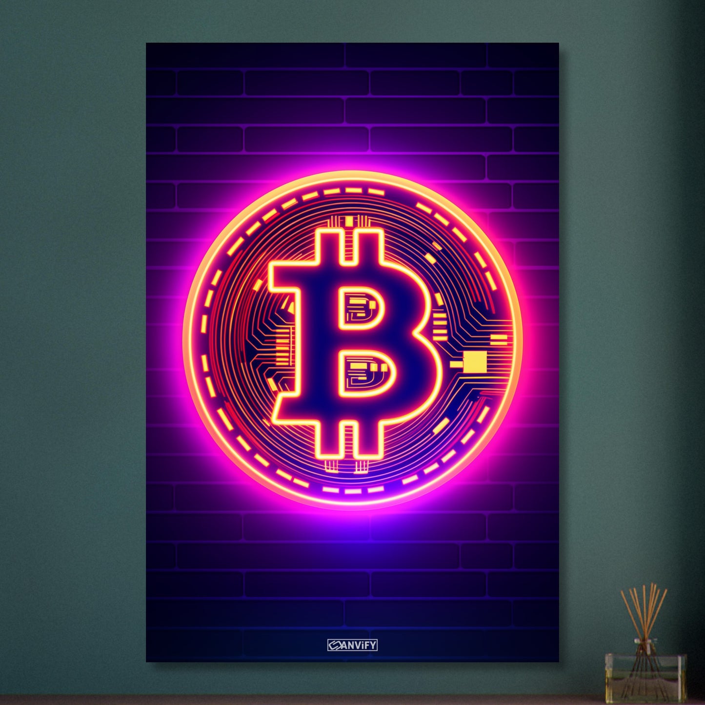 Leuchtender Bitcoin im einfachen Retrodesign auf Aluminium