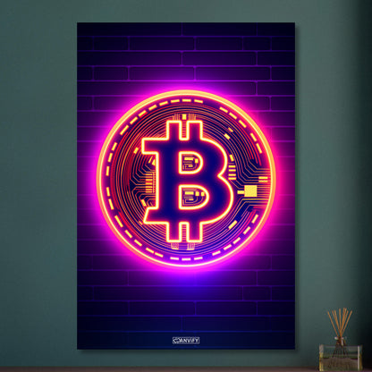 Leuchtender Bitcoin im einfachen Retrodesign auf Aluminium