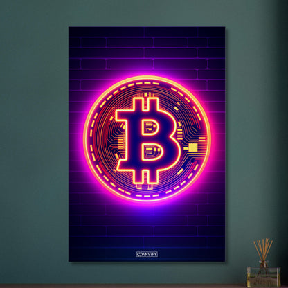 Leuchtender Bitcoin im einfachen Retrodesign auf einer Leinwand