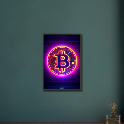 Leuchtender Bitcoin im einfachen Retrodesign auf einem Poster im Metallrahmen