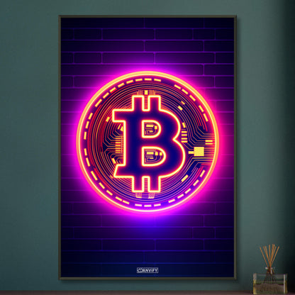 Leuchtender Bitcoin im einfachen Retrodesign auf einem Poster im Metallrahmen