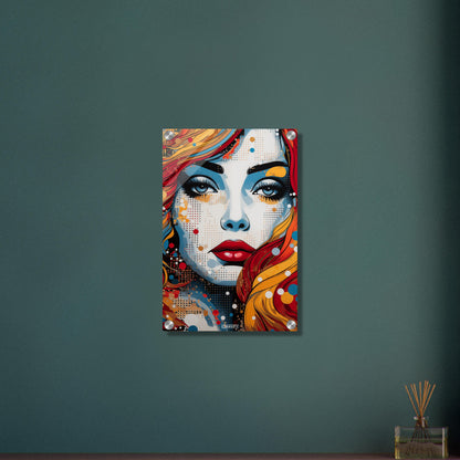 Blaue Augen und rote Lippen einer Frau im Pop Art Stil auf einem Acrylbild