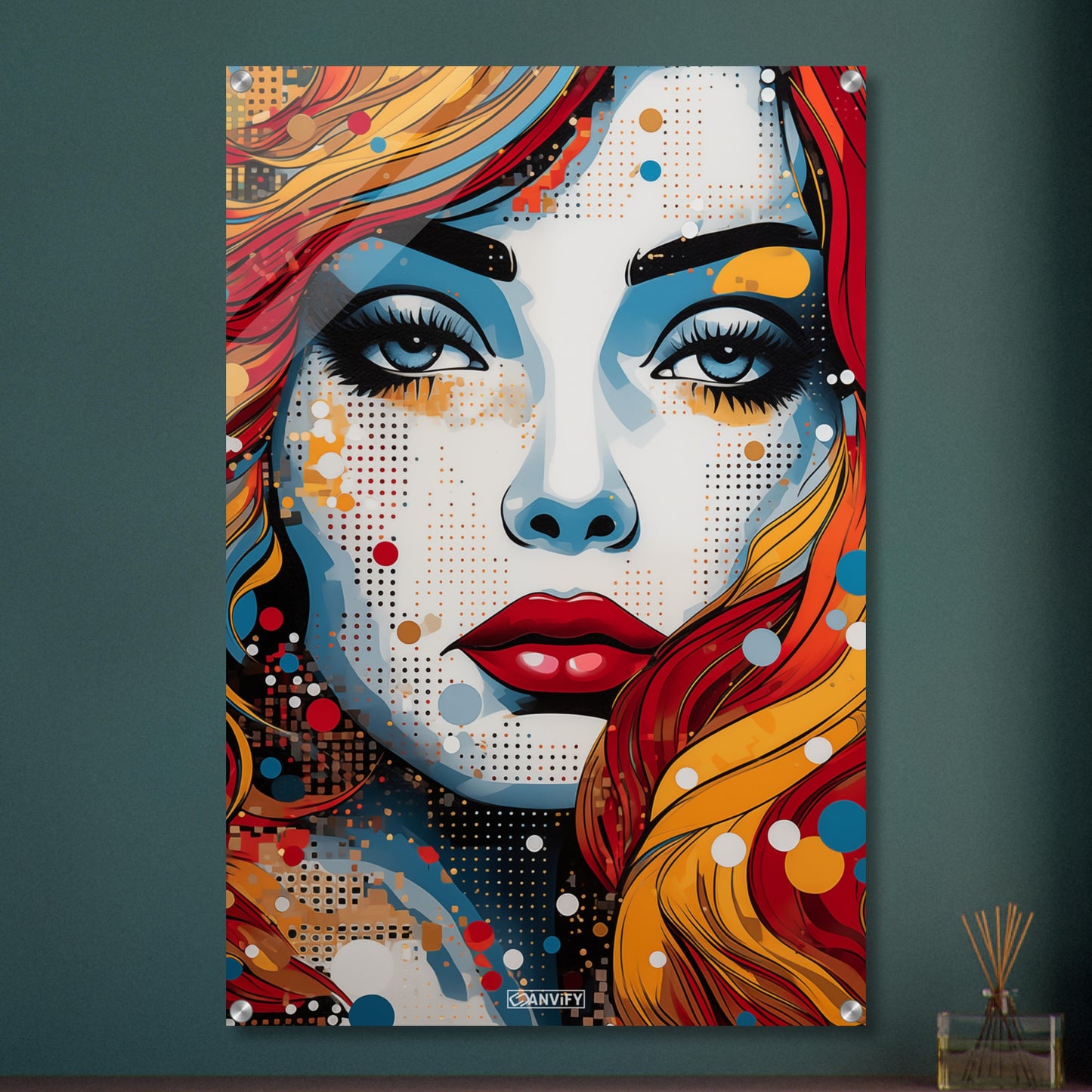 Blaue Augen und rote Lippen einer Frau im Pop Art Stil auf einem Acrylbild
