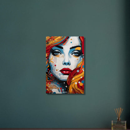 Blaue Augen und rote Lippen einer Frau im Pop Art Stil auf Aluminium