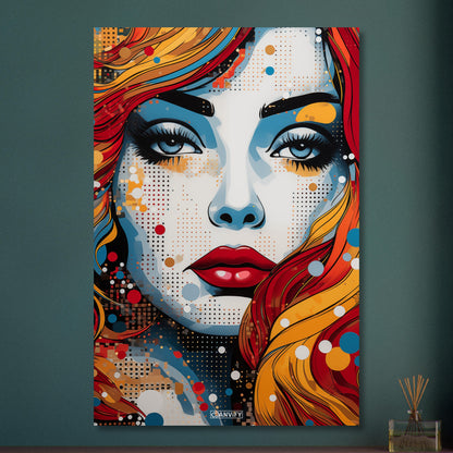 Blaue Augen und rote Lippen einer Frau im Pop Art Stil auf Aluminium