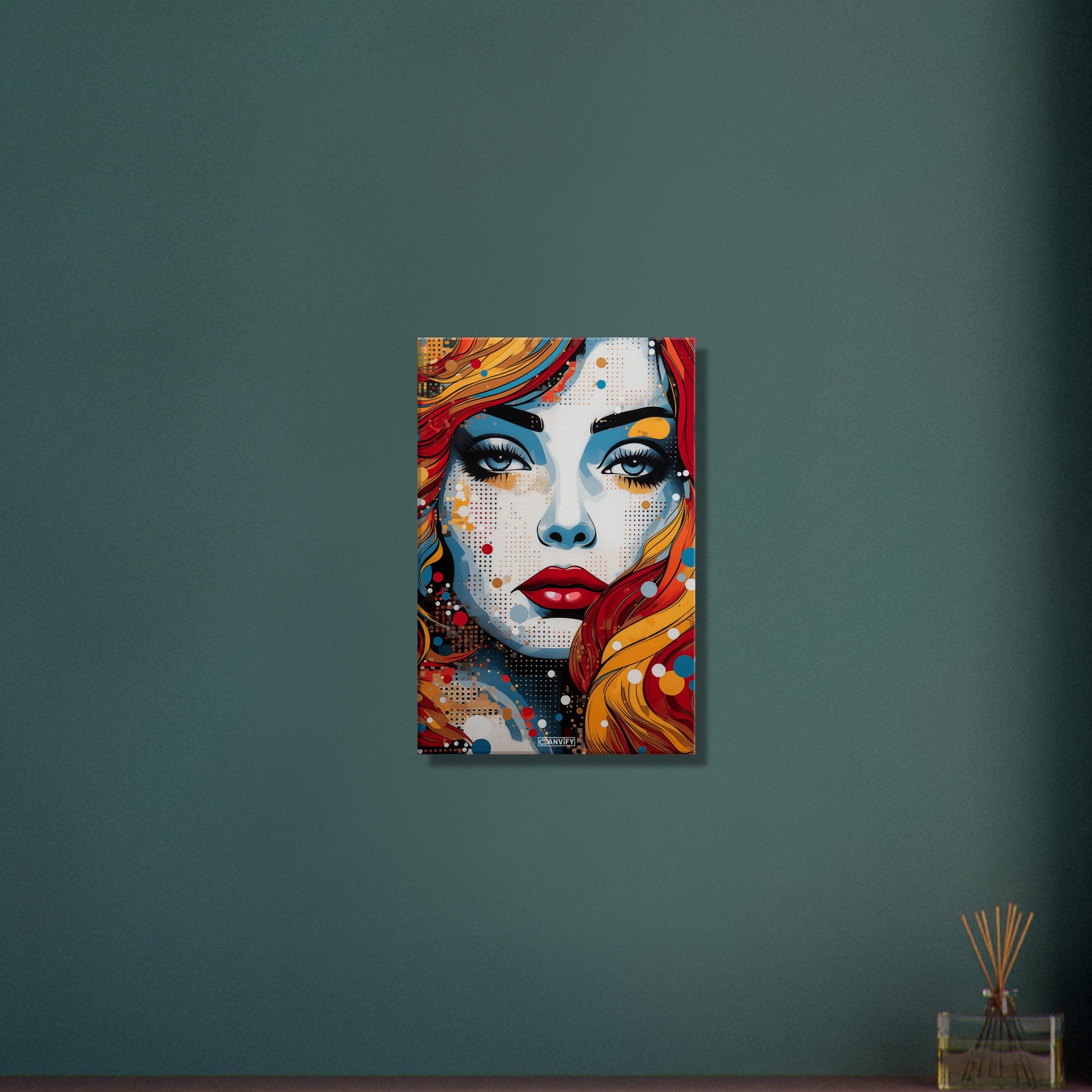 Blaue Augen und rote Lippen einer Frau im Pop Art Stil auf einer Leinwand