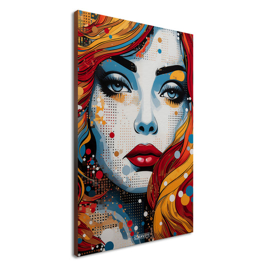 Blaue Augen und rote Lippen einer Frau im Pop Art Stil auf einer Leinwand