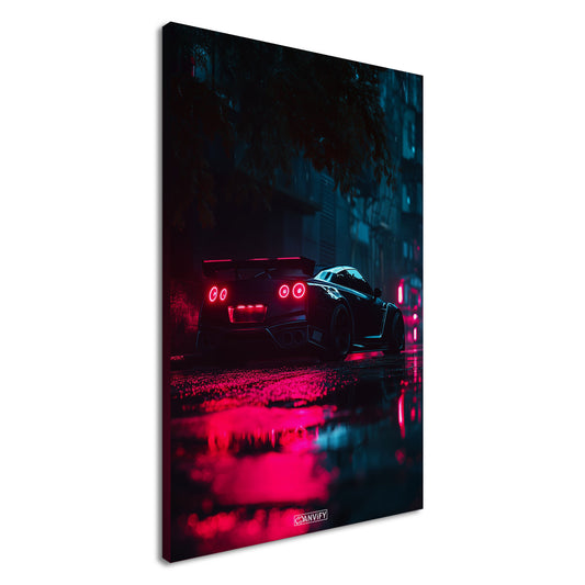 Nissan GT-R oder auch Godzilla genannt in Schwarz bei Nacht und Regen auf einer Leinwand