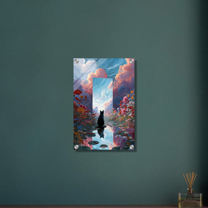 Schwarze Katze im Blumenfeld auf einem Acrylbild