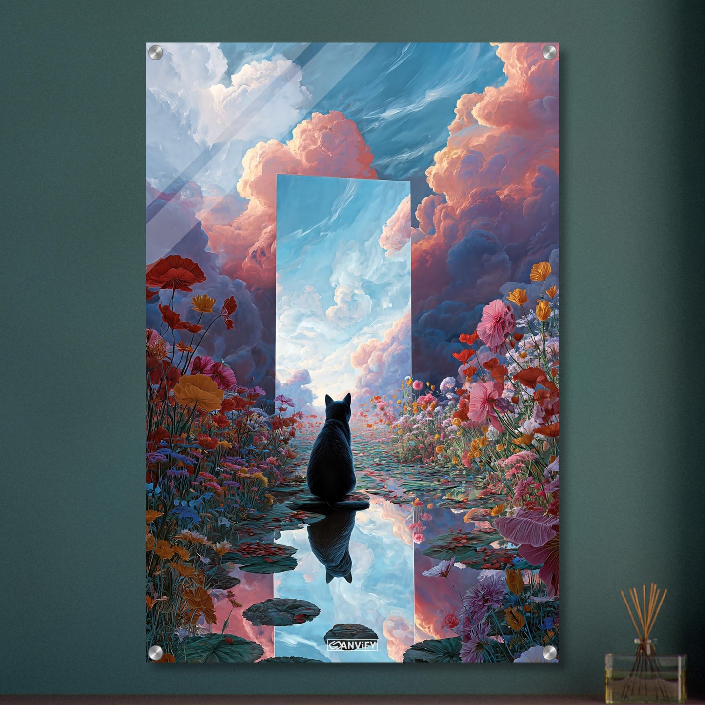 Schwarze Katze im Blumenfeld auf einem Acrylbild