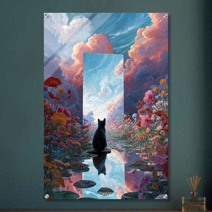 Schwarze Katze im Blumenfeld auf einem Acrylbild