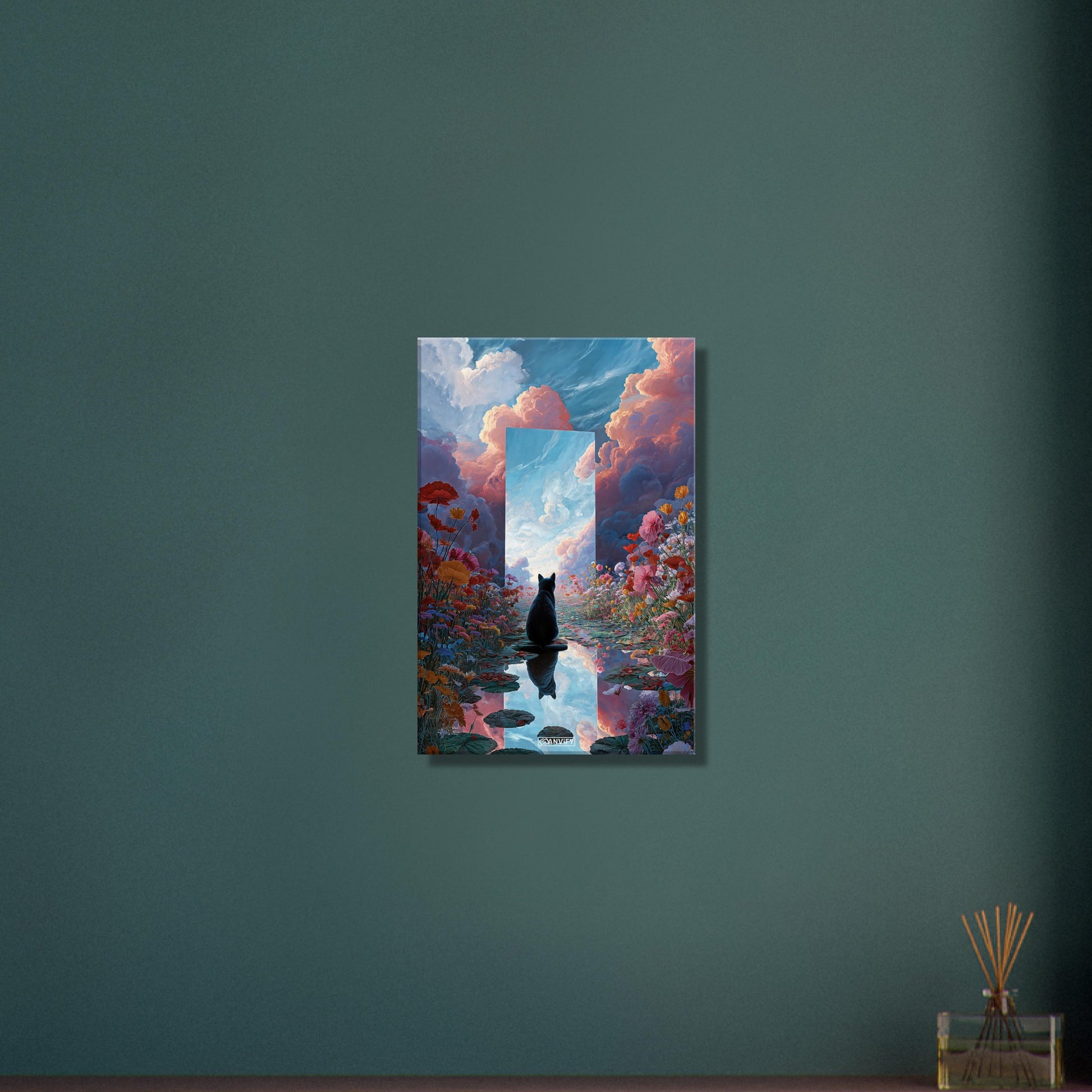 Schwarze Katze im Blumenfeld auf einer Leinwand