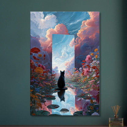 Schwarze Katze im Blumenfeld auf einer Leinwand