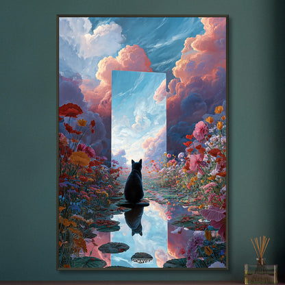 Schwarze Katze im Blumenfeld auf einem Poster im Metallrahmen