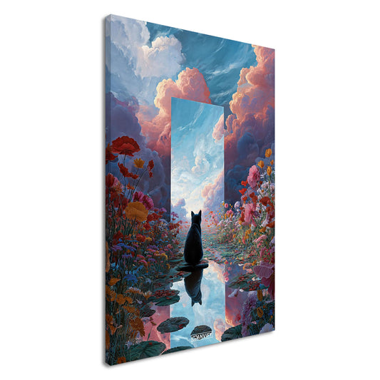 Schwarze Katze im Blumenfeld auf einer Leinwand