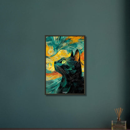 Schwarze Katze im Stil von Vincent van Gogh auf einem Poster im Metallrahmen