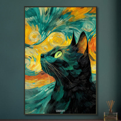 Schwarze Katze im Stil von Vincent van Gogh auf einem Poster im Metallrahmen