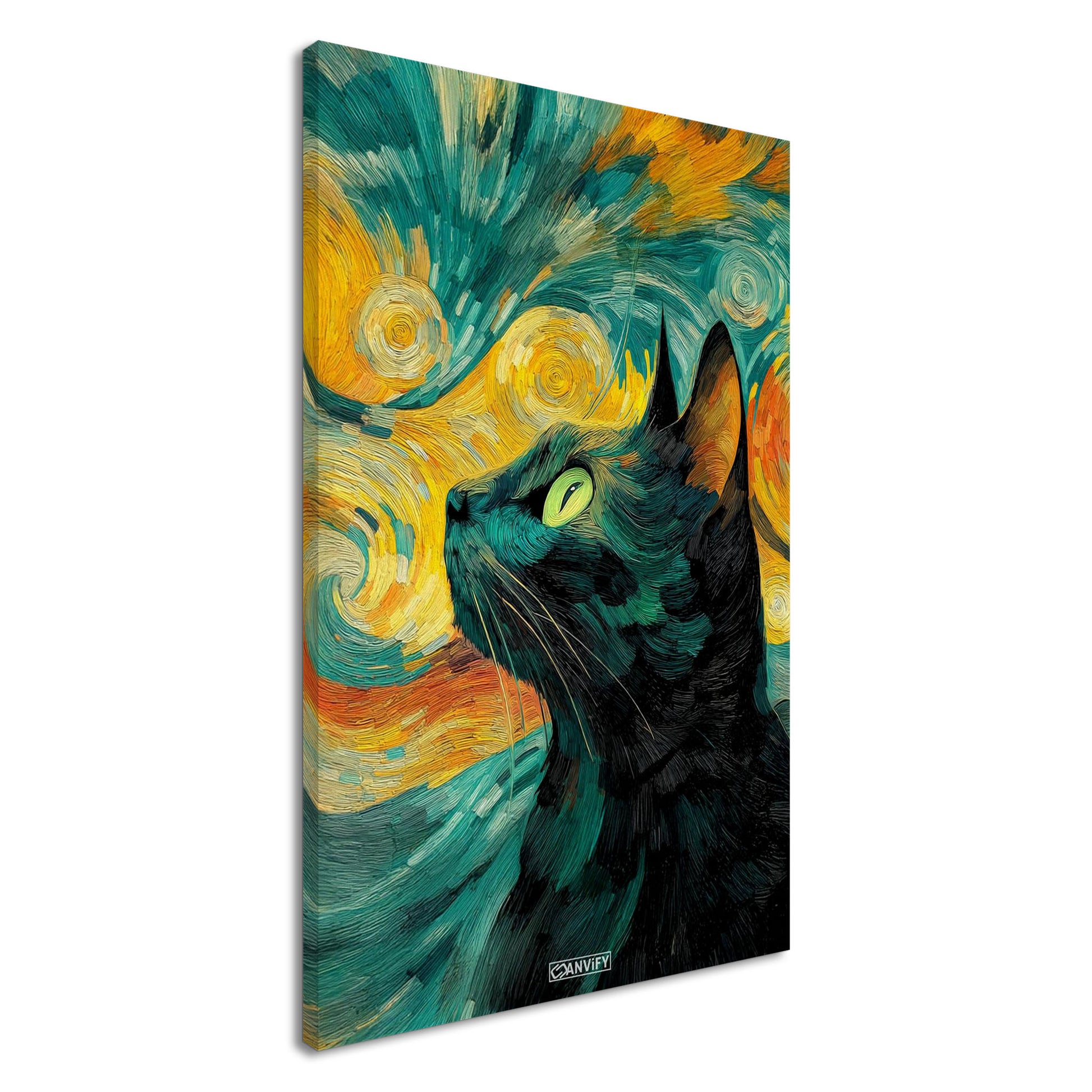 Schwarze Katze im Stil von Vincent van Gogh auf einer Leinwand