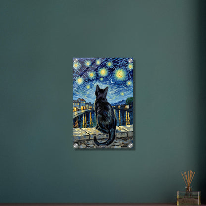 Schwarze Katze bei hellem Sternenhimmel im Stil von Vincent van Gogh auf einem Acrylbild